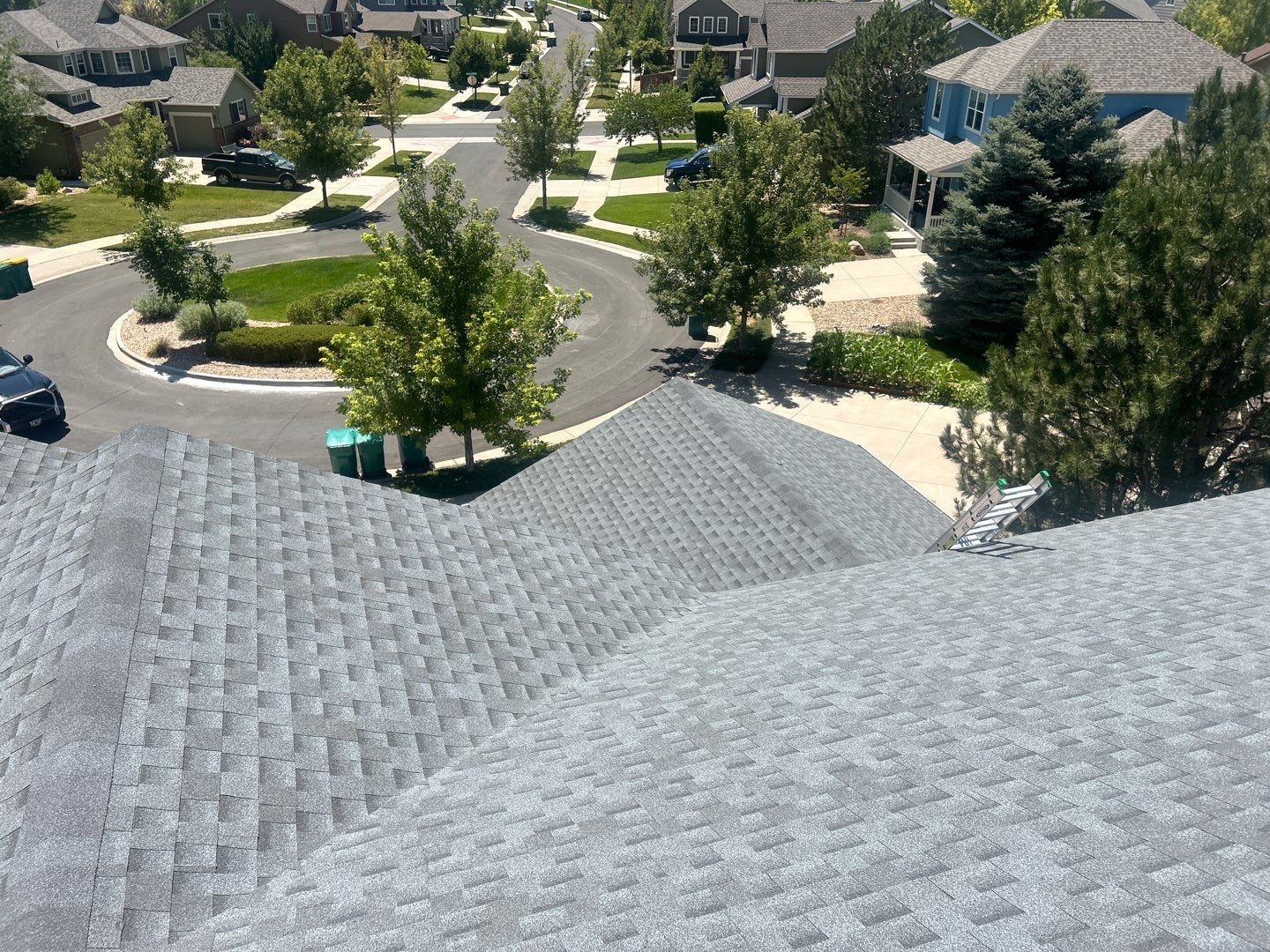 view from the roof of a Highlands Ranch asphalt shingle roofing replacement project done by Table Mountain Roofing Group company